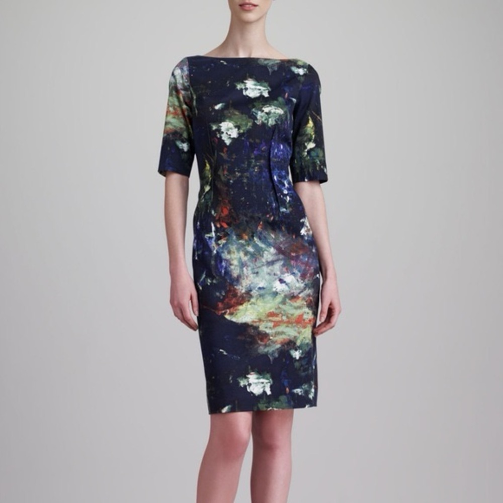 Lela Rose Claire Impressionist Abstract Brushstroke Print Boatneck Sheath Dress